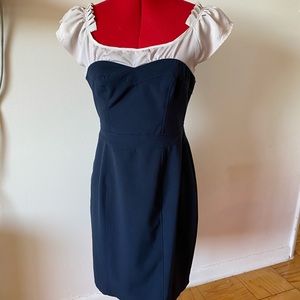Retro Style Navy White Wiggle Pencil Dress Ruffles